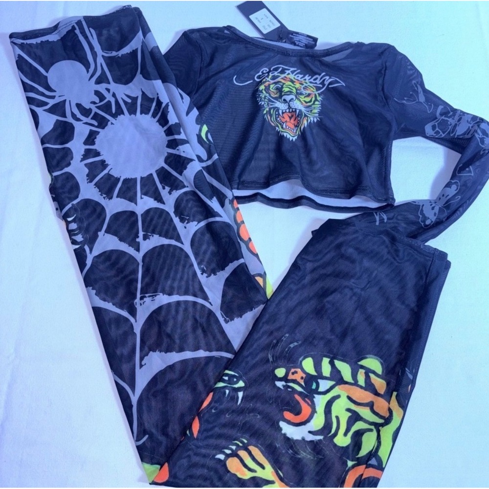 Ed Hardy Mesh Set large Black Tiger Spider Web Rhinestone Crop Top Maxi Skirt